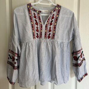 Zara Girls Kids size 13/14 Striped Blouse Embroidered Bohemian Detailing